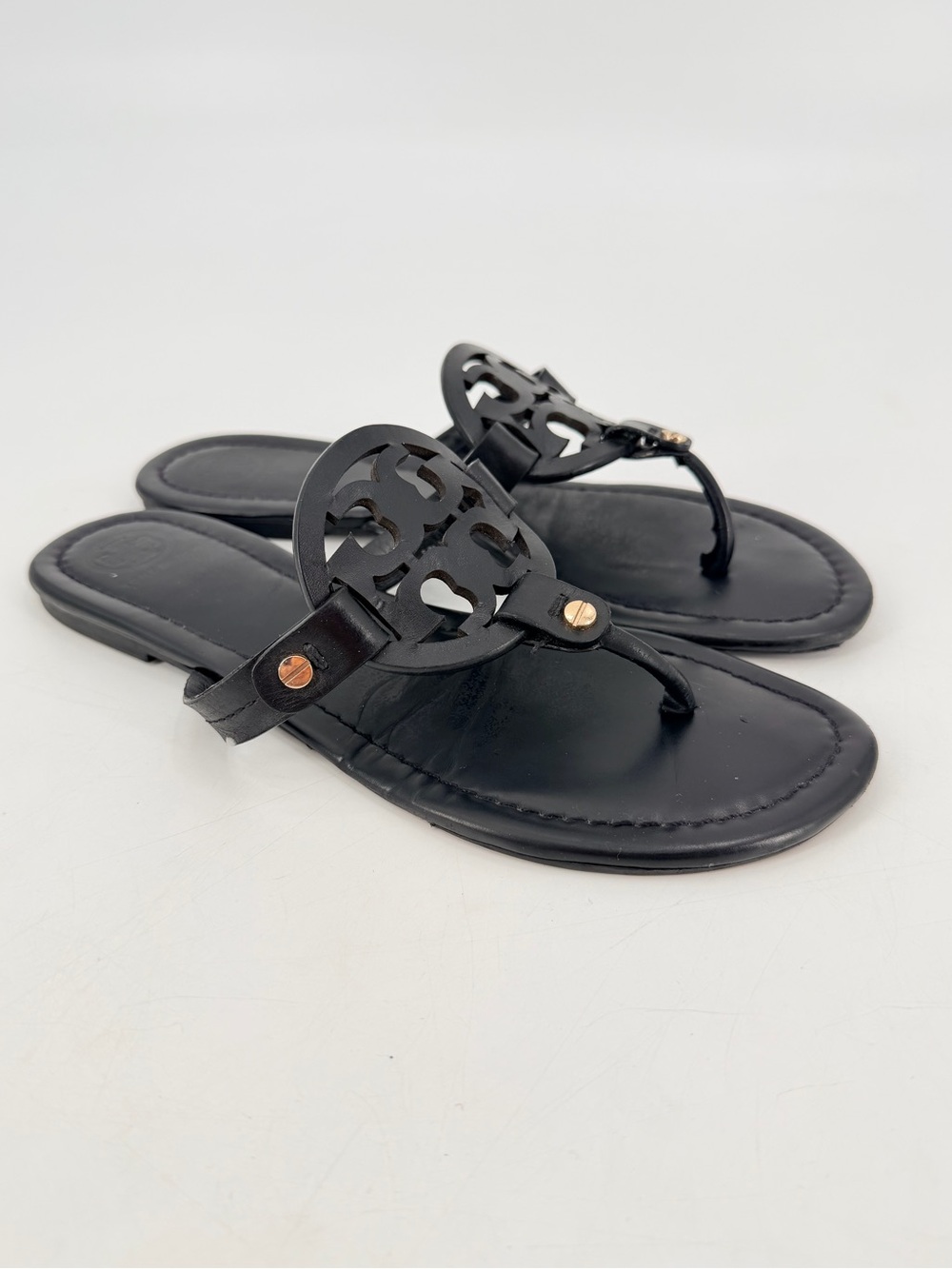 Tory Burch Miller Black Leather Logo Sandals 8